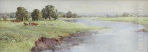 Cattle And Sheep Grazing In A River Landscape by Harry T. Hine