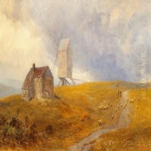 The Downs Near Eastbourne With A Shepherd By A Mill