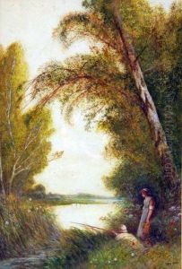 Figures Fishing On A River Bank by Fred Hines