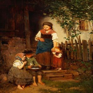 Two Poor Children Sharing A Bowl Of Soup At A Farmhouse, With The Servant Girl And A Small Child Watching by Johann Ferdinand J. Hintze