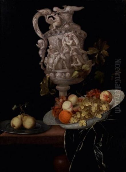 Nature Morte Au Vase Sculpte Et Plats De Fruits Sur Une Table - view 1