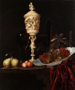 Stilleben Mit Elfenbeinpokal Zwischen Fruchten Und Einem Porzellanteller Mit Trauben