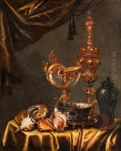 Stilleben Mit Prunkpokal,nautilusbecher, Vase, Muscheln Und Einer Porzellanschale