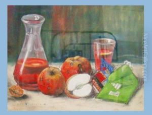 Stilleben Mit Apfel, Glas, Karaffe,streichholzschachtel, Couvert Und Nuss by Hans Hippele