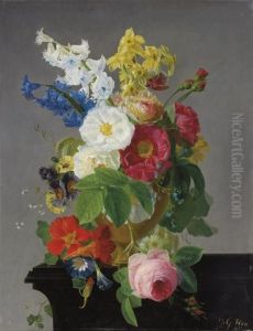 Camelias, Narcissi, Morning Glory, A Rose And Other Flowers In A Gold Urn On A Wooden Ledge by Jean Georges Hirn