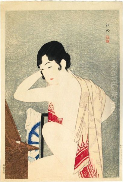 (vor Dem Spiegel - Make-up). Eine Nackte Junge Frau Sitzt Vor Ihrem Toiletenkasten. Ein Tuch Uber Ihren Schultern. Bez.: Hiroaki. Siegel: Komei. Verlag: Fusui-shobo. Drucker: Ono Tomi. 1927. - view 1