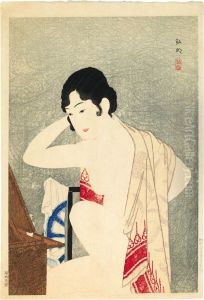 (vor Dem Spiegel - Make-up). Eine Nackte Junge Frau Sitzt Vor Ihrem Toiletenkasten. Ein Tuch Uber Ihren Schultern. Bez.: Hiroaki. Siegel: Komei. Verlag: Fusui-shobo. Drucker: Ono Tomi. 1927. by Tadahashi Hiroaki