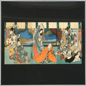 Triptykon Woodblock Prints With Kabuki Actors On Stage by Chimpei Ii Hiroshigesuzuki