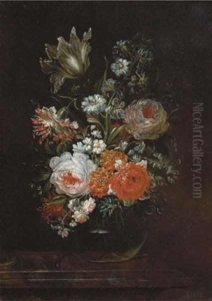 Roses, A Tulip And Other Flowers In A Glass Vase On A Wooden Ledge - view 1