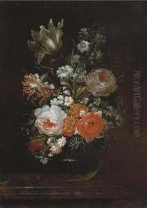 Roses, A Tulip And Other Flowers In A Glass Vase On A Wooden Ledge by Caspar Hirscheli