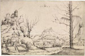 Landschaft Mit Burg Auf Hohem Fels Links by Augustin Hirschvogel