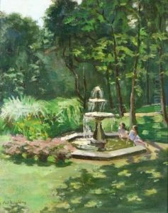 Two Young Girls At A Park Fountain Two Young Girls At A Park Fountain