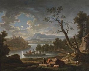 A River Landscape In Moonlight