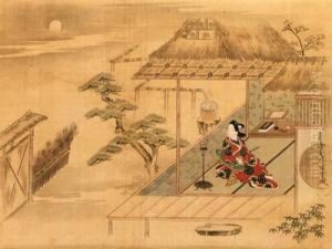 Young Man (wakashu) In A Thatched Hut Viewing The Moon