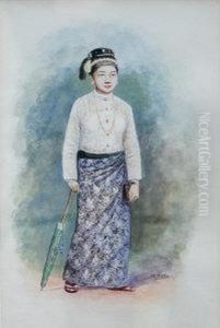 Study Of A Burmese Woman In Traditional Dress With Parasol In Her Right Hand by Mg Tun Hla