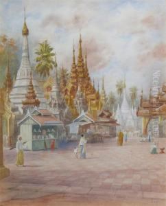 A Burmese Temple; Burmese Boats And Temple By A River