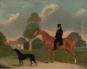 A Gentleman Mounted On His Chestnut Hunter With A Greyhound In The Grounds Of A Country House