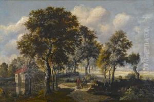 < Paysage Au Moulin A Eau Dans Un Sous-bois Anime De Personnages >. by Meindert Hobbema