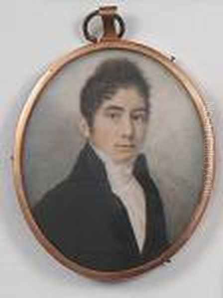 A Miniature Portrait Of Young Gentleman Wearing A Dark Coat And White Cravat With Dark Curly Hair - view 1