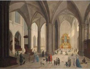 A Church Interior With Figures And Dogs, Figures Praying In The Background; A Church Interior With Figures And Dogs, An Old Man Sitting Against The Pillar To The Left by Johann Jakob Hoch