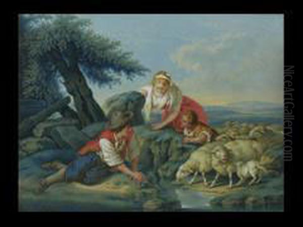 Italienische Landschaft Mit Familie An Der Tranke - view 1