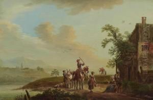 Flusslandschaft Mit Rastenden Reitern Vor Einem Bauernhaus