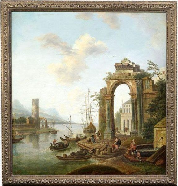Mediterraner Hafen Mit Ruinoser Antiker Bogenarchitektur Und Zahlreicher Figurenstaffage - view 1