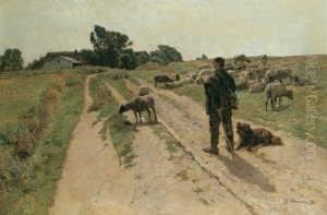 Landschaft Mit Schafherde. Signiert Und Datiert Unten Rechts: Fr. Hochmann 92. Verso Ein by Franz Gustav Hochmann