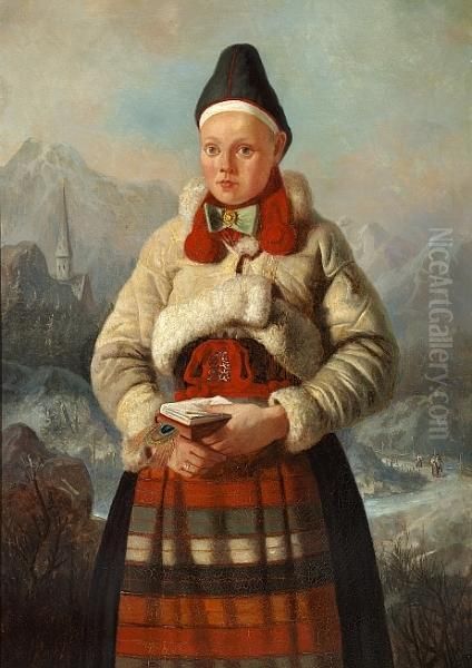A Swedish Girl In A Traditional Dress From Rattvik On Her Way From Church - view 1