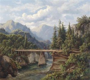 Wooden Bridge Over A Mountain Stream With Decorative Figures