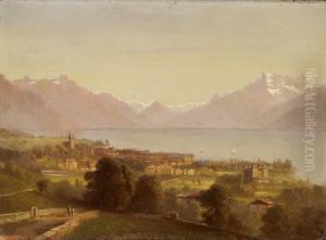 Ansicht Von Vevey Mit Blick Auf See Und Berge