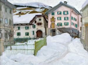 Bundner Dorfansicht Bei Schnee (bergun?) by Ernst I Hodel