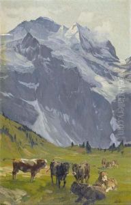 Weidende Kuhe Vor Der Jungfrau by Ernst I Hodel