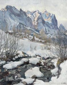 Winterliche Landschaft Mit Wetterhorn. by Ernst I Hodel
