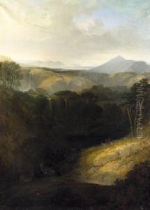 The Waterfall At Powerscourt & Sugar Loaf With Extensive View Towards Dalkey Island by George Frederick Hodson