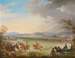 Kaiser Franz I. Inspiziert In Baden Bei Wien Das Husarenregiment Nr. 8 General Der Kavallerie Herzog Ferdinand Von Sachsen-coburg Und Nimmt Die Meldung Des Kommandeurs Oberst Graf Vinzenz Esterhazy Entgegen by Johann Nepomuk Hoechle