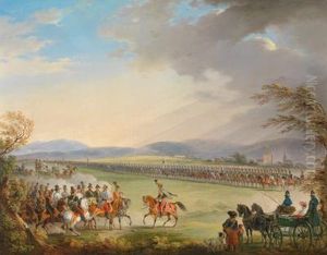 Kaiser Franz I.inspiziert In Baden Bei Wien Das Husarenregiment Nr. 8 General Derkavallerie Herzog Ferdinand Von Sachsen-coburg Und Nimmt Diemeldung Des Kommandeurs Oberst Graf Vinzenz Esterhazy Entgegen by Johann Nepomuk Hoechle