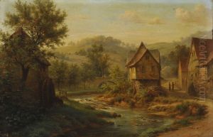 Partie In Einem Dorf An Einem Kleinen Fluss by Adolf Joh. Hoeffler