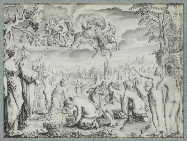 Diane Sur Le Char D'apollon, Observee Par Ses Nymphes Avec En Arriere Plan, Une Ville - view 1