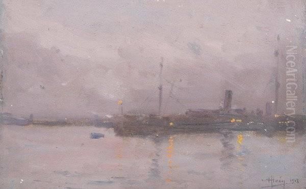American Wwi Ship In Harbor,
 Signed Lower Right. Inscribed "port De La Rochelle Aout - 1918" And "vu Du S.s. Christabel Yacht American Arme En Guerre" In Pencil On Reverse - view 1