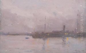American Wwi Ship In Harbor,
 Signed Lower Right. Inscribed "port De La Rochelle Aout - 1918" And "vu Du S.s. Christabel Yacht American Arme En Guerre" In Pencil On Reverse