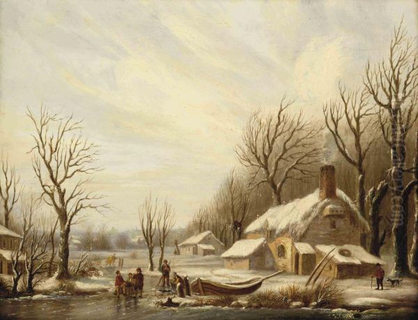 A Winter Landscape With Figures On A Frozen River By A House - view 1