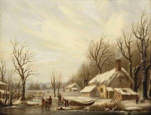 A Winter Landscape With Figures On A Frozen River By A House by Cornelis Petrus 't Hoen