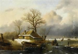 Winter Landscape With Skaters On A Frozen River.