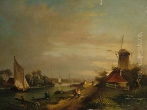 Figures By A Canal With Shipping, Cottages