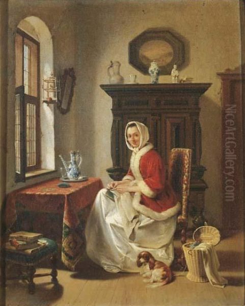 A Young Lady Doing Needlework In An Interior - view 1