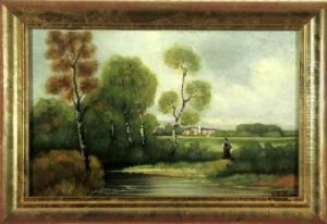 Magd Am Flussufer, 
Im Hintergrund Ein Kleines Dorf Mit Kirche