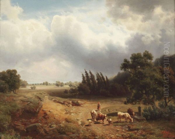 A Wooded Landscape With A Shepherdess And Her Cattle - view 1