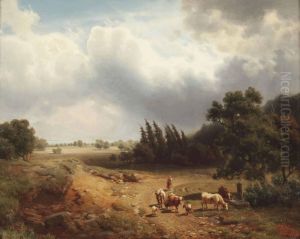 A Wooded Landscape With A Shepherdess And Her Cattle by Heinrich Hofer