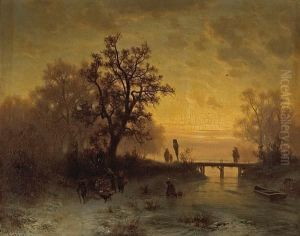 A Winter Landscape At Sunset Withfigures by Heinrich Hofer